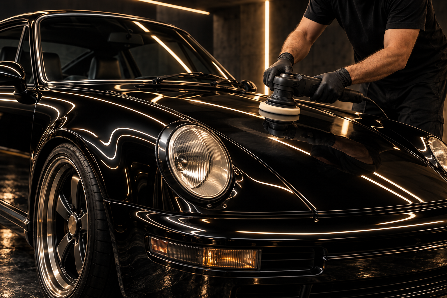 Zwarte Porsche 911 wordt professioneel gepolijst in een donkere detailingstudio