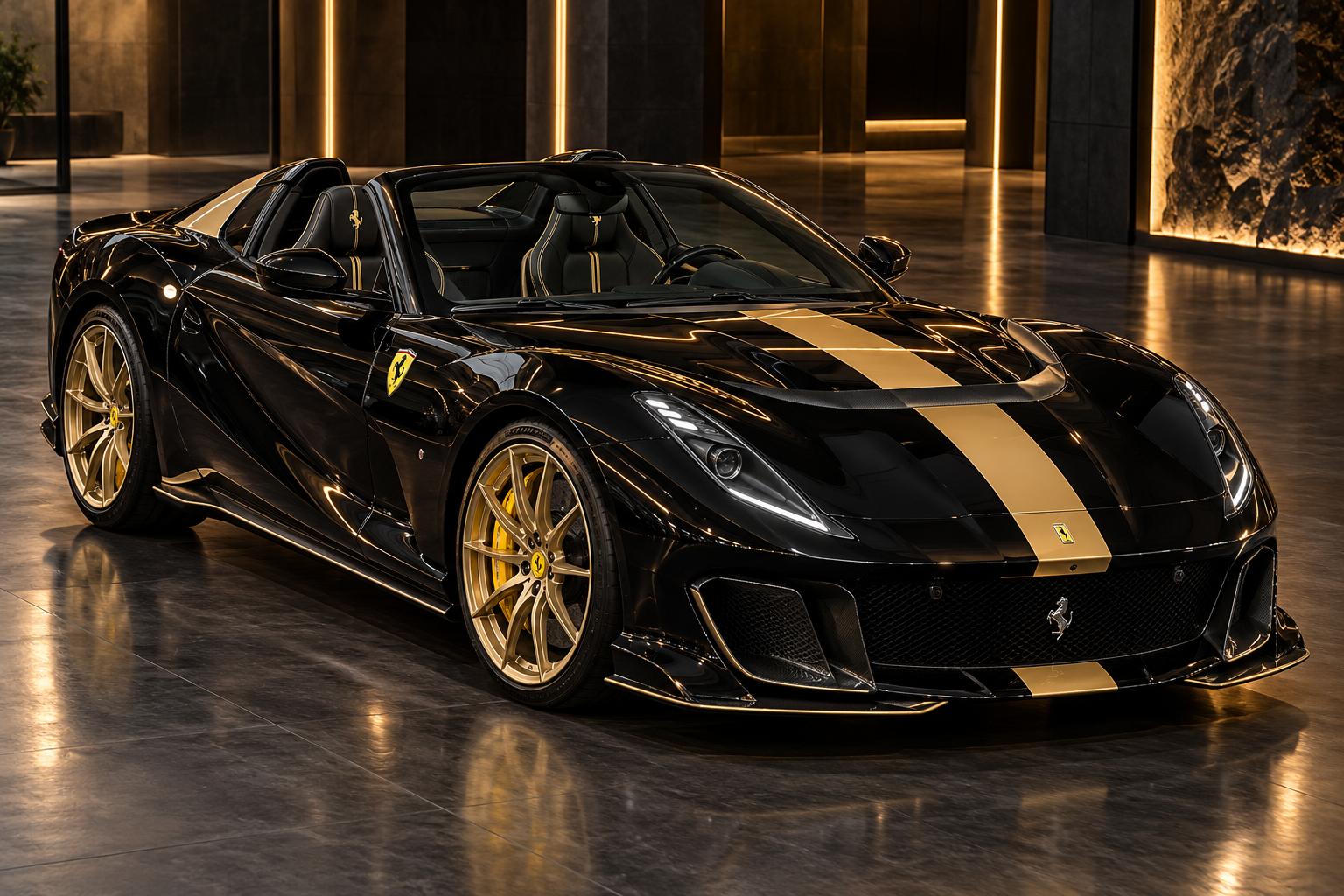 Droomauto: zwarte Ferrari 812 Competizione A met open dak, gouden velgen en gouden accenten